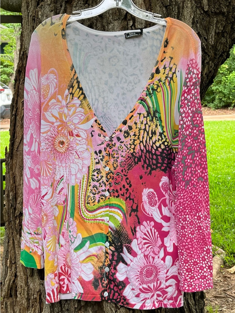 Women’s Pink Multi-Print Long Sleeve Button front Cardigan XL